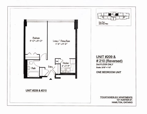 A drawing of a floor plan for a one bedroom unit.